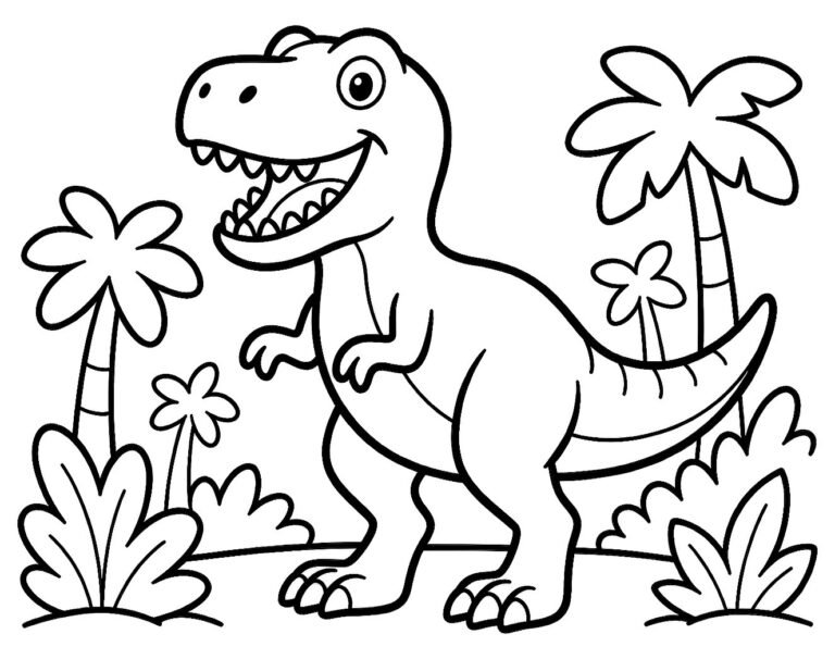 Tyrannosaurus rex roaring among palms and ferns, free printable coloring page