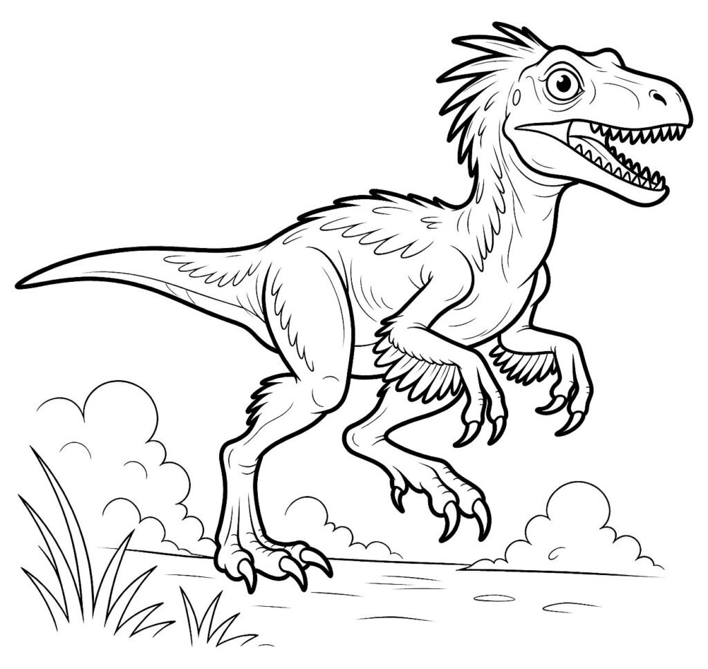 Feathered Velociraptor running with tail straight and grass tufts, free printable coloring page