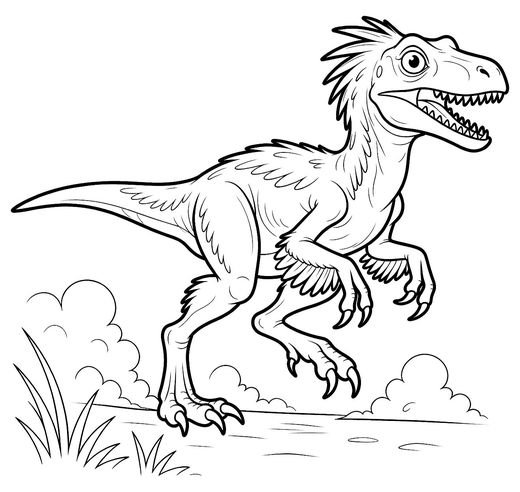Feathered Velociraptor running with tail straight and grass tufts, free printable coloring page