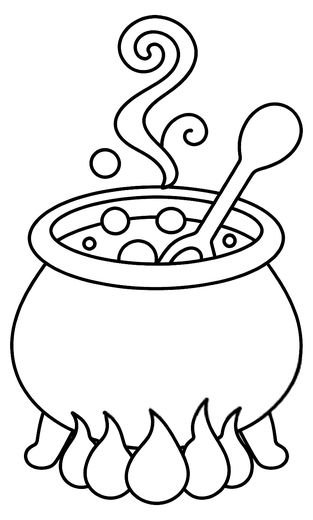 A round cauldron on three legs over a small fire with a spoon and curly steam, free printable coloring page