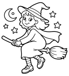 Friendly Witch on a Broomstick Coloring Page to Print coloring page